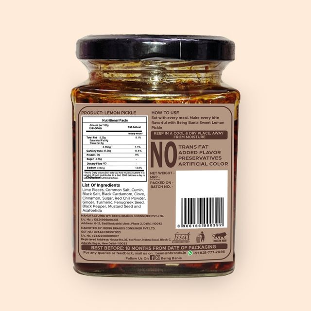 Being Bania Sweet Lemon Pickle with a flavor of Hing - Oil-free