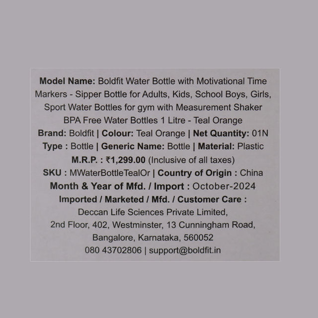 Boldfit Plastic Water Bottle with Motivational Time Markers | Teal and Orange - 1 L