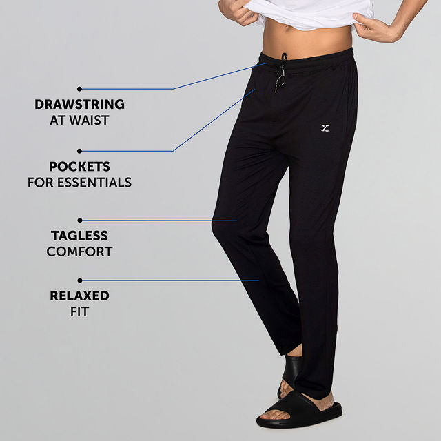 XYXX Ace IntelliSoft Cotton Modal Solid Loungewear Relaxed Fit | 2 Zipper Side pockets | Black- XL