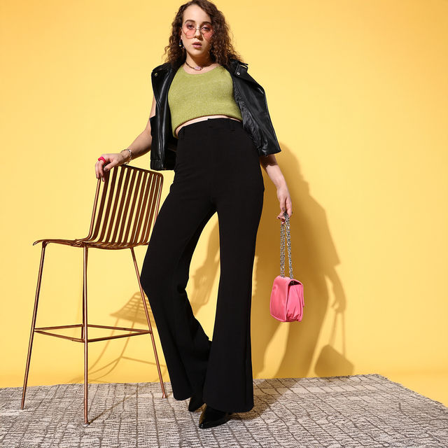Buy SASSAFRAS Women's Bell Bottom Knitted Pants | Black - L Online