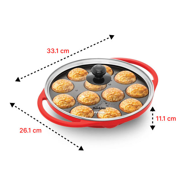 Hawkins 26 Cm Appe Pan, Non Stick Paniyaram Pan With Glass Lid, 12 Cups Red (Nape26G)