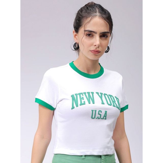 Freehand Women's Casual Slim Typographic Cropped T-shirt | 0424-Zfhcrtee1-02 | White - XL