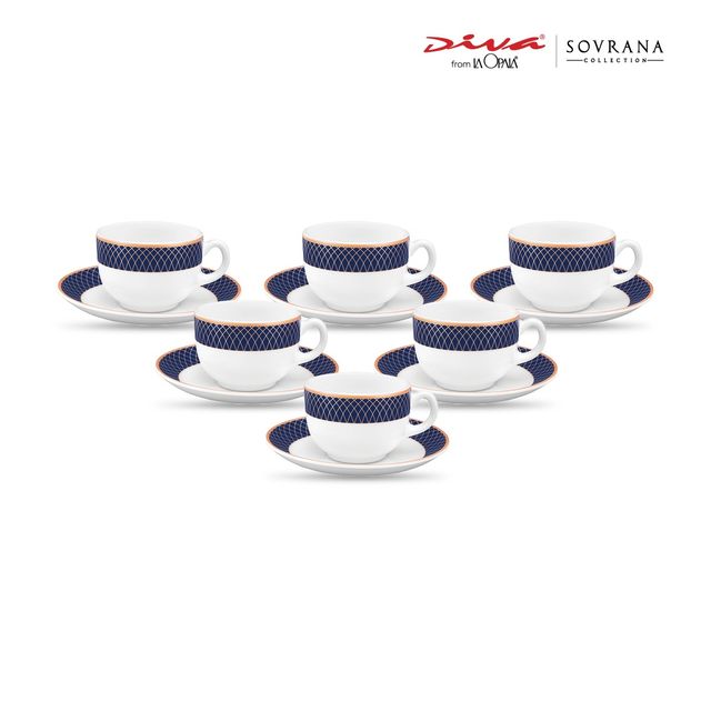 La Opala Diva Sovrana Cup & Saucer 160 ml Set of 12 Regent Blue Opal Glass Cups for Tea, White