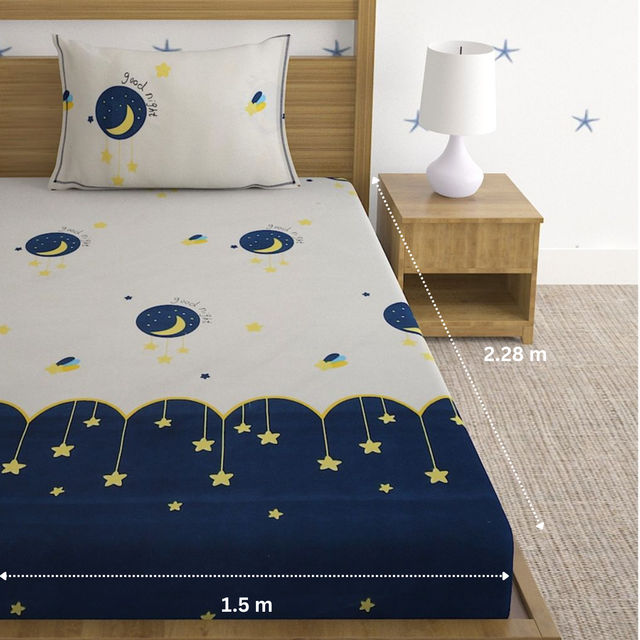 Hosta Homes 220 Gsm Glaced Cottonblue Moon & Stars Printed Single Bed Sheet With 1 Pillow Covers