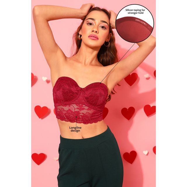 Clovia Women Padded Underwired Full Coverage Multiway Longline Bralette - Lace | Red | 34B