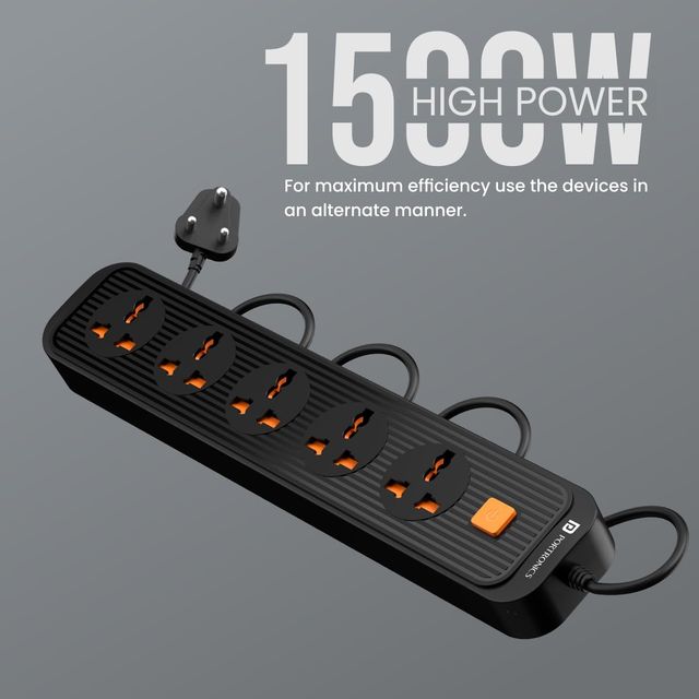 Portronics Power Plate 13 Multiplug Extension Board 5 Power Sockets, 1500W,2M Cord Length Black