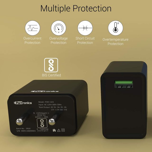 Portronics Adapto One 3.0 A Single Port Wall Adapter With Quick Charge | Connector Type - USB