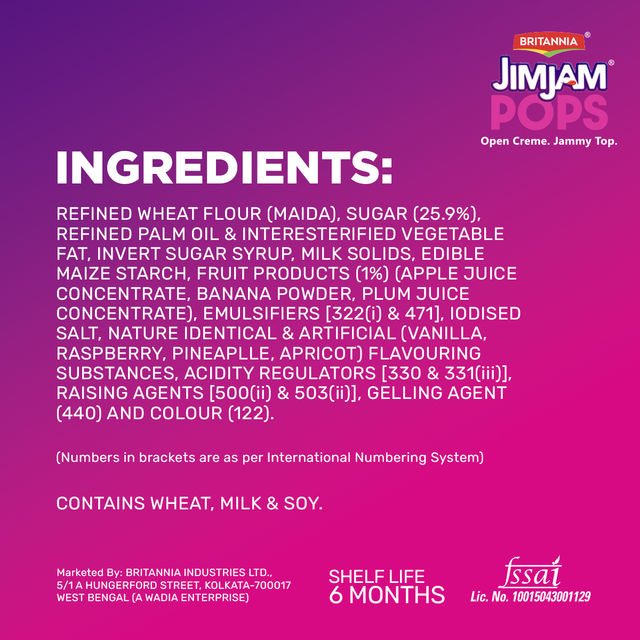 Britannia Jimjam Pops, Crunchy Cookie With Vanilla Crème And Jammy Center, Open Crème Biscuit
