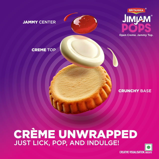 Britannia Jimjam Pops, Crunchy Cookie With Vanilla Crème And Jammy Center, Open Crème Biscuit