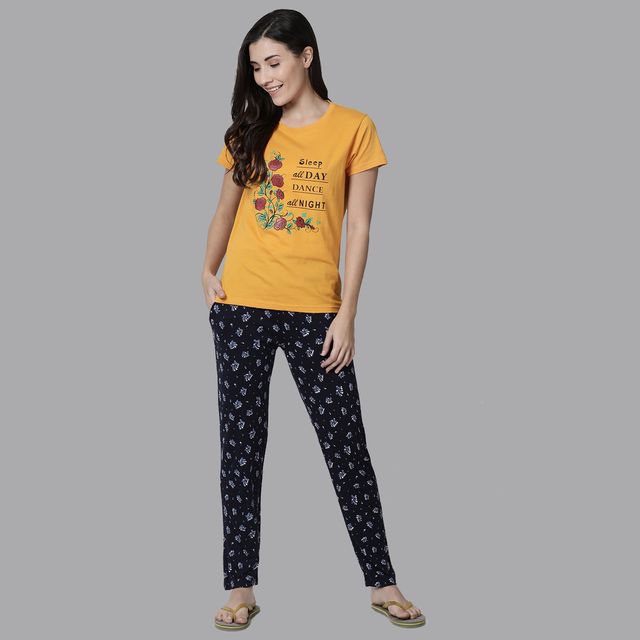 Kryptic Women's Printed Cotton Lounge T-shirt | Mustard - M