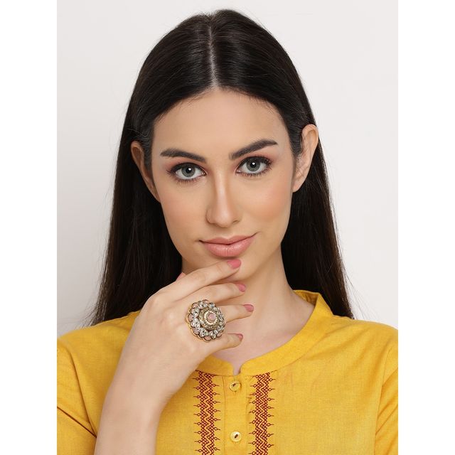 Aatmana Gold-Plated Pink Kundan-Studded & beaded Adjustable Traditional Finger Ring