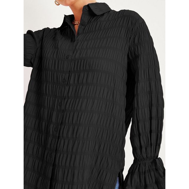 Styli Women's Oversized Long Length Shirt with Textured Poly Fabric | Black - XS
