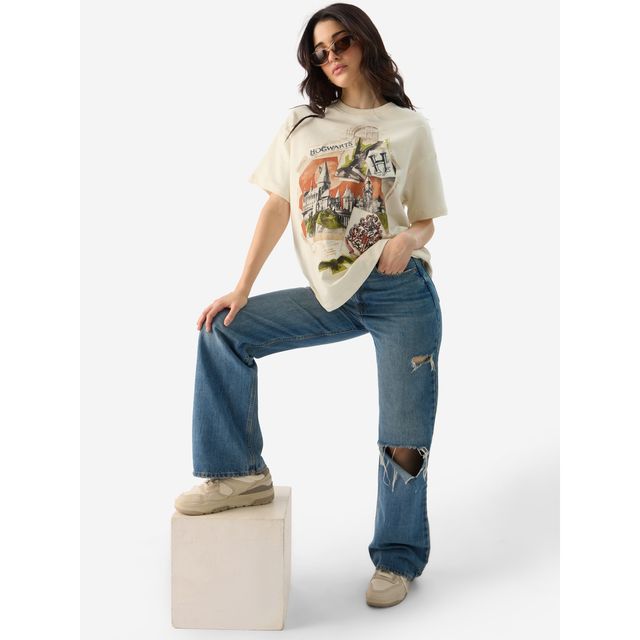 The Souled Store Women's Harry Potter Hogwarts Oversized T-shirt | Cream - XL