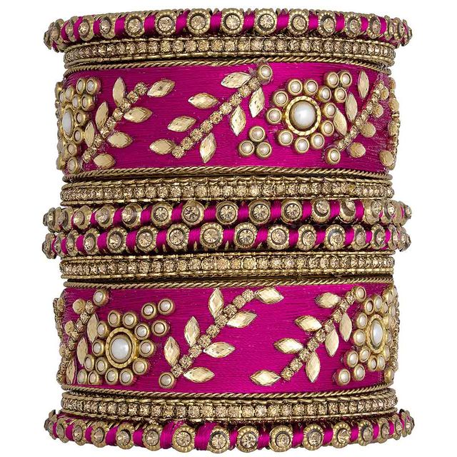 Peora Designer Silk Thread Matching Rani Pink Floral Bangle Set Bridal Chuda Chura(Size - 2.6 inch)