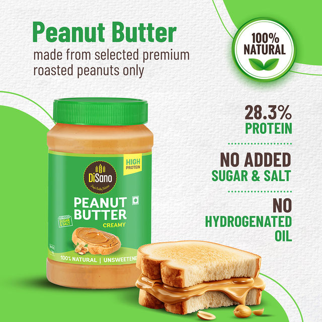 DiSano Natural Peanut Butter - Creamy, Unsweetened, 28.3% Protein, No Added Sugar,100% Peanut