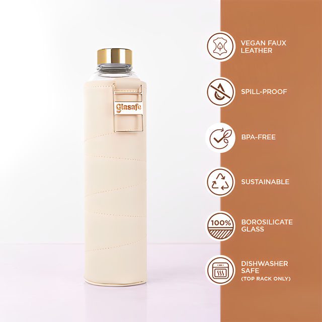 Glasafe Vego Sip Borosilicate Glass Bottle With Protective Vegan Sleeve (Bare Beige) 750Ml