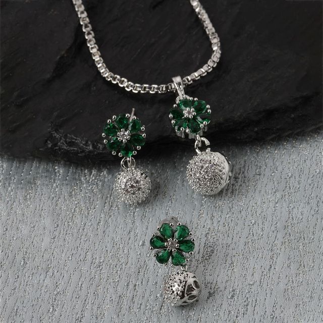 Zeneme Rhodium-Plated Silver Green CZ-AD Floral Cute Pendant Earrings Jewellery Set For Women