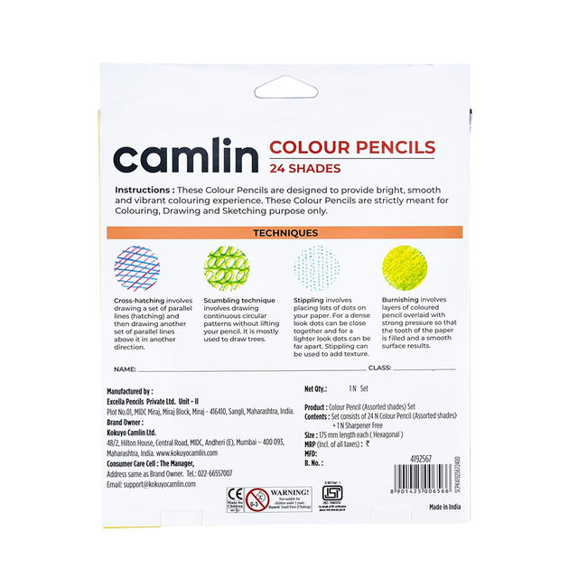 Camlin Colour Pencils Assorted Pack Of 24 Shades With Sharpener, Full Size