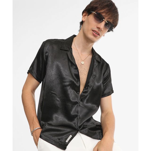 Campus Sutra Men's Solid Satin Shirt | Midnight Black - S