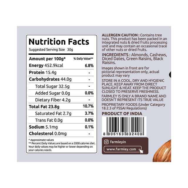 Farmley Mix Dry Fruits Panchmeva - Almonds, Cashews, Dates, Black Raisins, Green Raisins