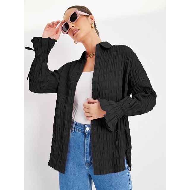 Styli Women's Oversized Long Length Shirt with Textured Poly Fabric | Black - XS