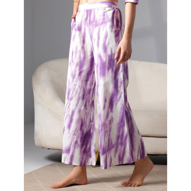 Libas Abstract Printed Women's Kurti With Printed Pyjamas | Purple White | L