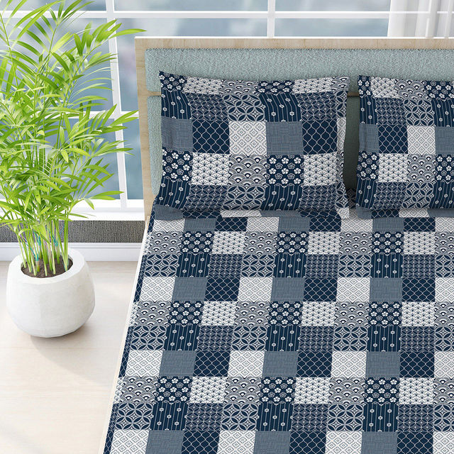 Boutique Living Alpha Geo (Valatia) 100% Cotton 200 TC Blue King Bedsheet with 2 Pillow Covers