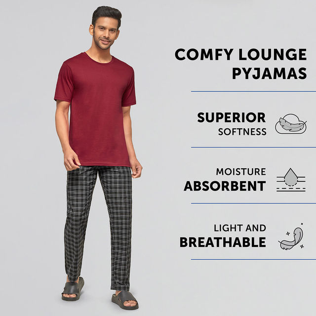 XYXX Checkmate 100% super combed cotton Checks Pyjama Relaxed Fit | 2 Side pockets | Black- S