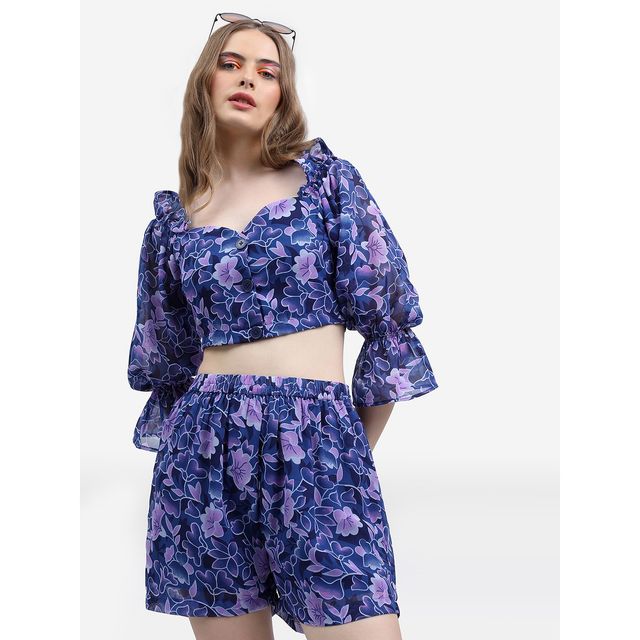 Ketch Women Floral Printed Crop Top With Shorts Co-ords | Blue | S