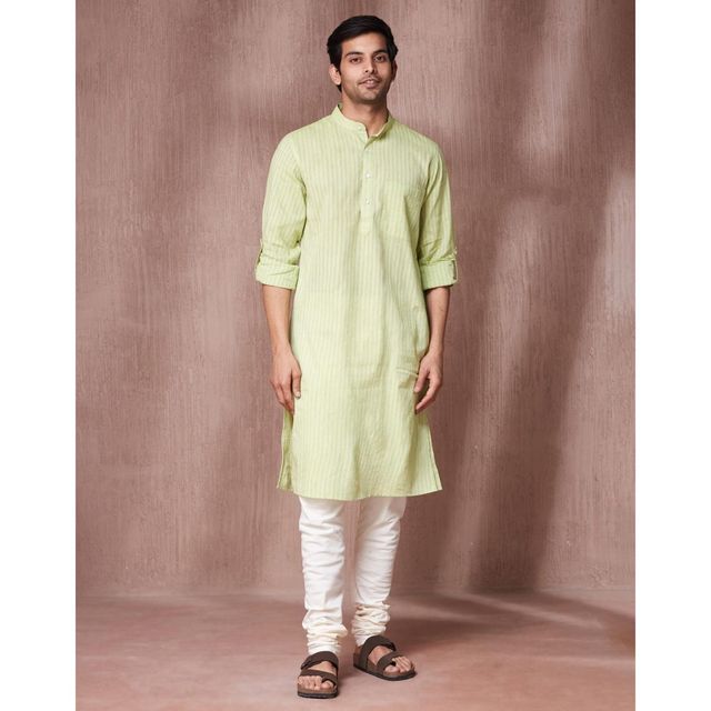 Fabindia Men's Long Kurta Slim Fit Dobby | Light Green - S