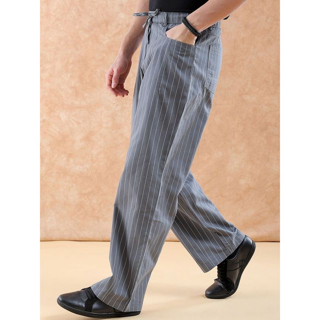 The Indian Garage Co Men Casual Loose Fit Grey Striped Trousers - 34 | 1223-Tllsetr-01