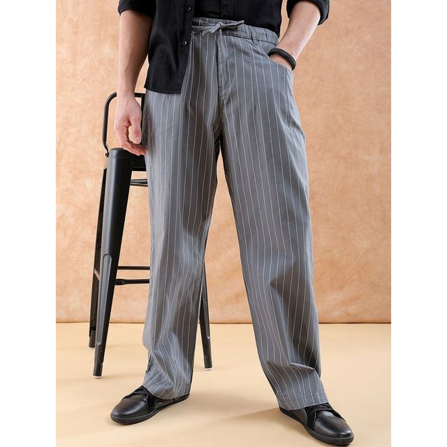 The Indian Garage Co Men Casual Loose Fit Grey Striped Trousers - 34 | 1223-Tllsetr-01