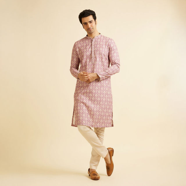 Manyavar Pink Blended Cotton Printed Kurta Set | L