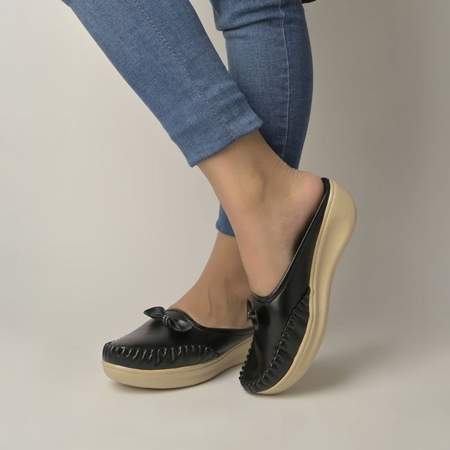Shoetopia Upper Bow Detailed Black Slip-On Loafers For Women | UK 9