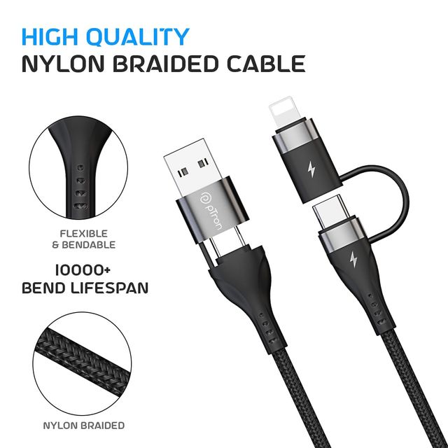 pTron Solero 4 in 1 USB Cable | 65W Type C to Type C | 60W USB to Type C | 30W Type C to iOS | 1m - Black