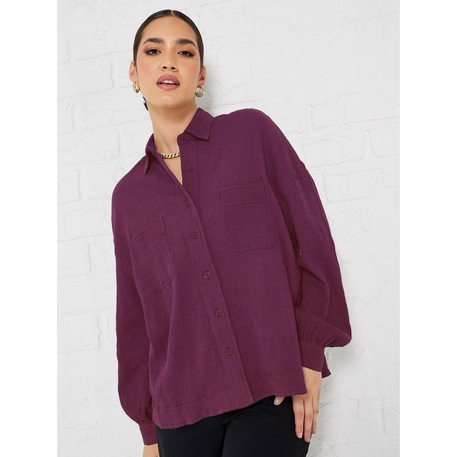 Styli Women's Oversized Shirt with Crepe Fabric, Drop Shoulder and Patch Pocket | Purple - XXL
