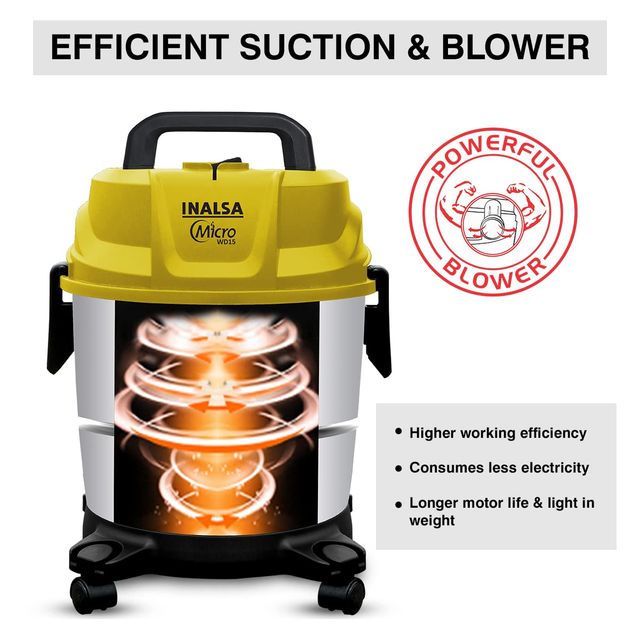 INALSA Wet and Dry Vacuum Cleaner WD 15 ltr ,1400 W, 20 kPa Suction , Blower Function,HEPA Filter