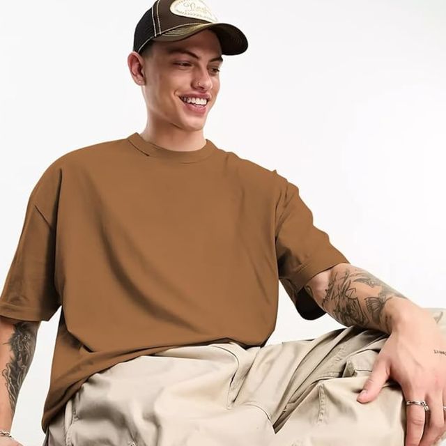 Chkokko Men's Oversized Solid Round Neck T-shirt | Golden Brown - S