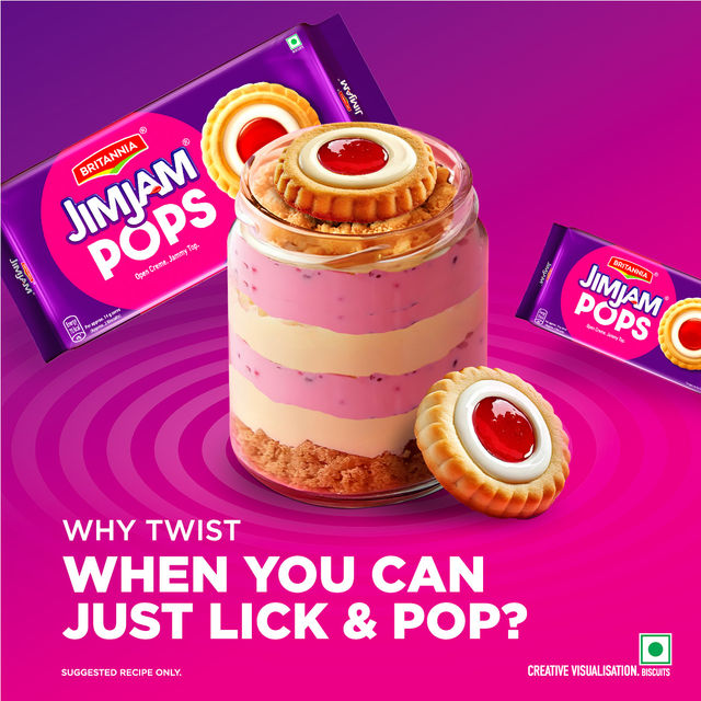 Britannia Jimjam Pops, Crunchy Cookie With Vanilla Crème And Jammy Center, Open Crème Biscuit
