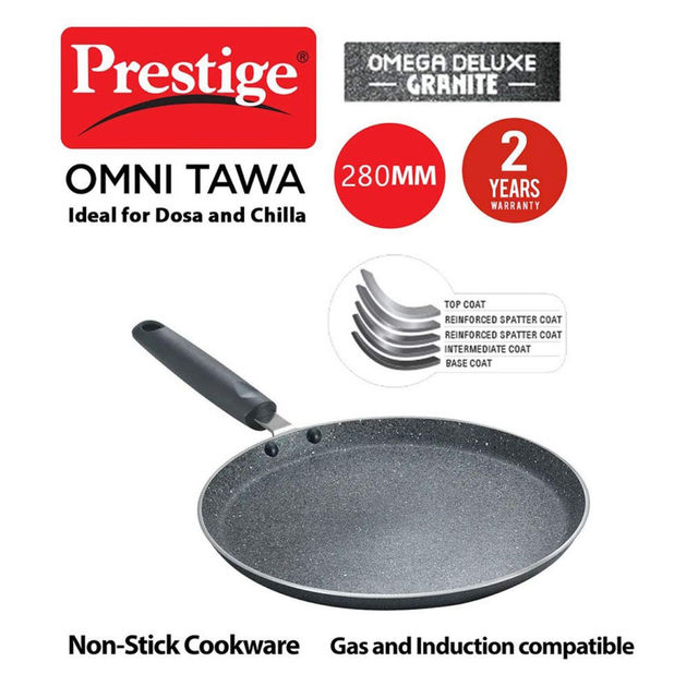 Prestige Omega Deluxe Omni Tawa Granite Non-Stick Round Base, 28 Cm (Black)