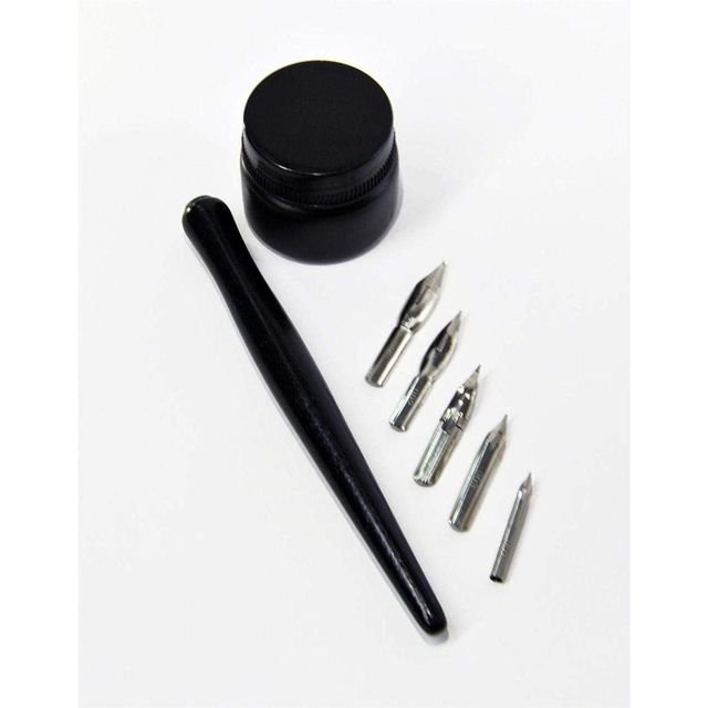 Chrome Manga Calligraphy Dip Pen Set With Universal Nib Holder And 5 Nibs