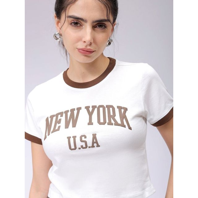 Freehand Women's Casual Slim Typographic Cropped T-shirt | 0424-Zfhcrtee1-01 | Off White - XS