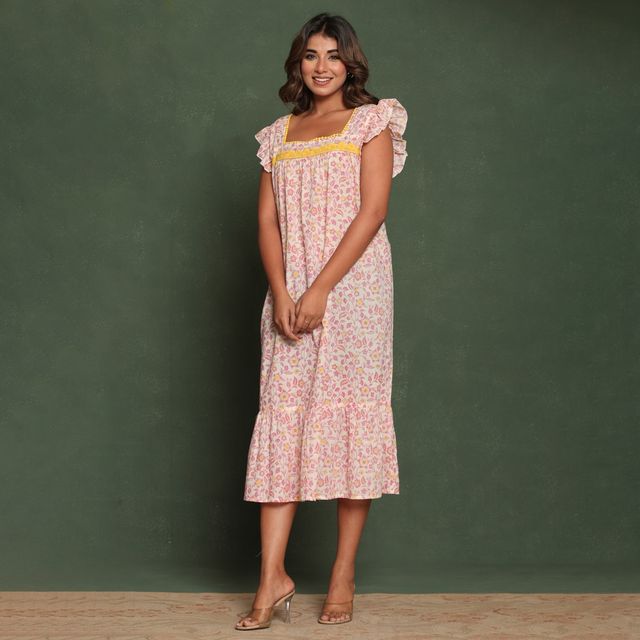 Nihsamah Women's Cotton Floral Printed Midi Frock Nighty | Midi Length | Off White - XL