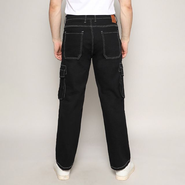 Campus Sutra Men's Contrast Stitched Cargo Denim Jeans | Black - 34
