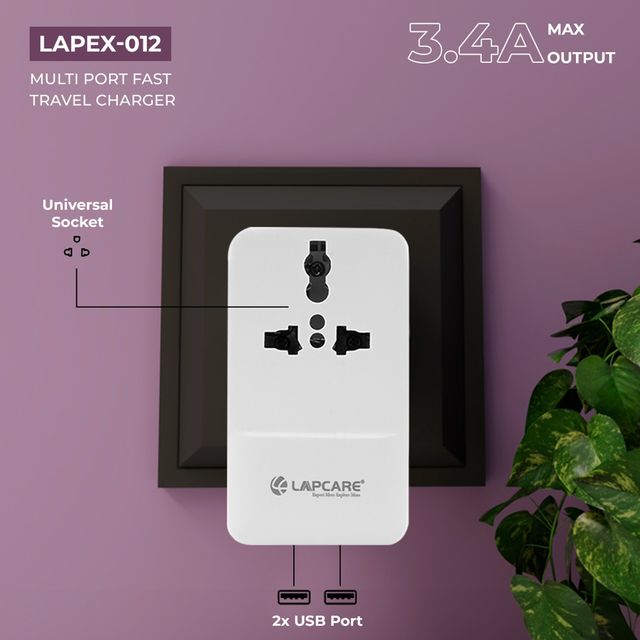 Lapcare Dual USB Adapter with 1 AC Power Socket | Multiport Travel Charger for Smartphones