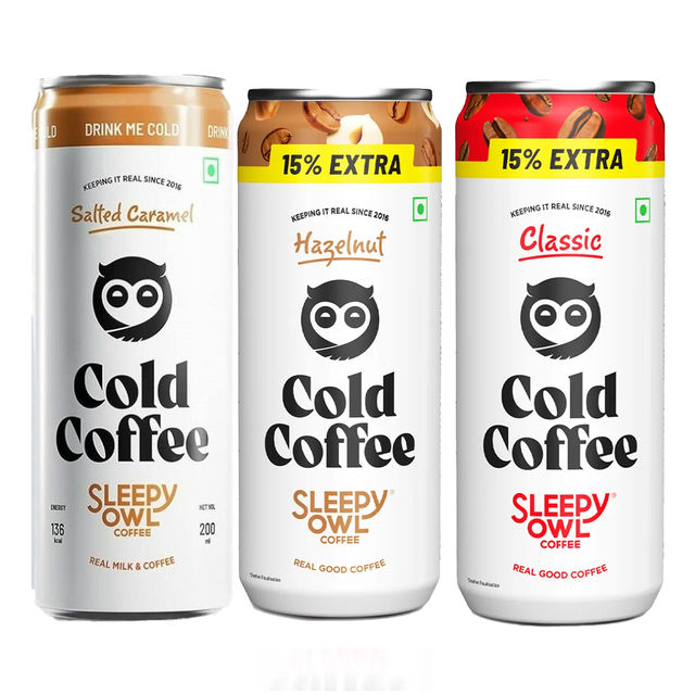 Sleepy Owl Cold Coffee Can - Classic(200ml), Sleepy Owl Cold Coffee Can - Hazelnut(200ml) & Sleepy Owl Cold Coffee Can - Salted Caramel(200ml) Combo