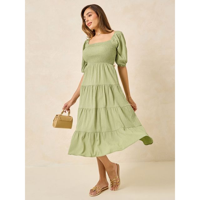 Styli Women's Smocked Midi Length Dress with Puff Sleeves | Green - XXL