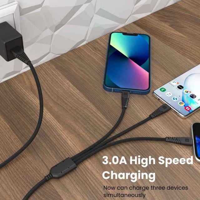 Portronics Konnect A Trio 3-In-1 USB Cable - Black | Braided and High-Speed | Fast Charging