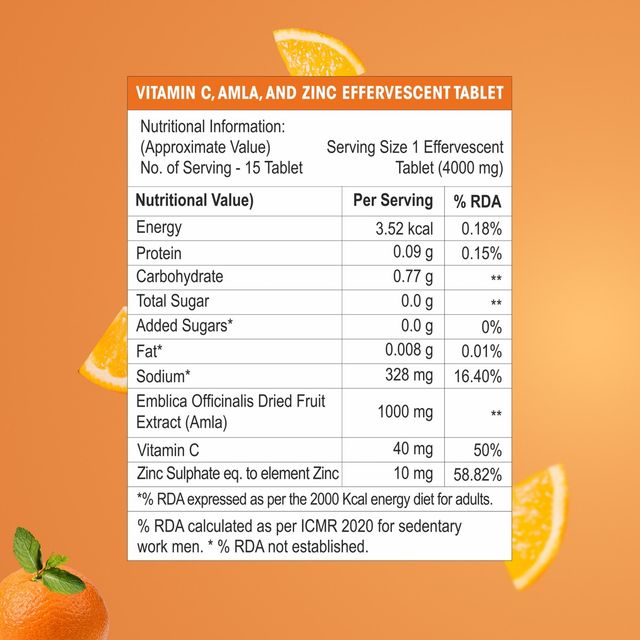 Og Wellness Vitamin C, Amla & Zinc Effervescent Tablets - Vitamin C, Orange Flavor - 15 Pcs