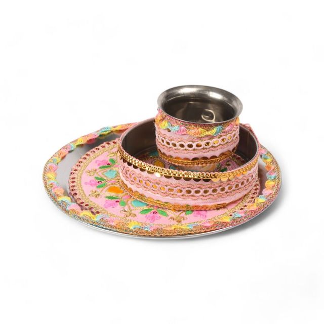 Sanskriti Pink Handcrafted Designer Pooja Thali Kalash Set